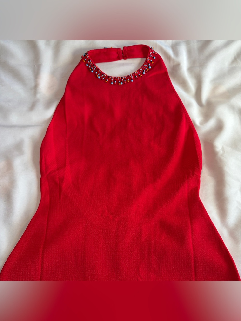 NEW! Staud- REINA DRESS RED ROSE Size Medium Embellished Neck Summer Halter - Picture 3 of 11